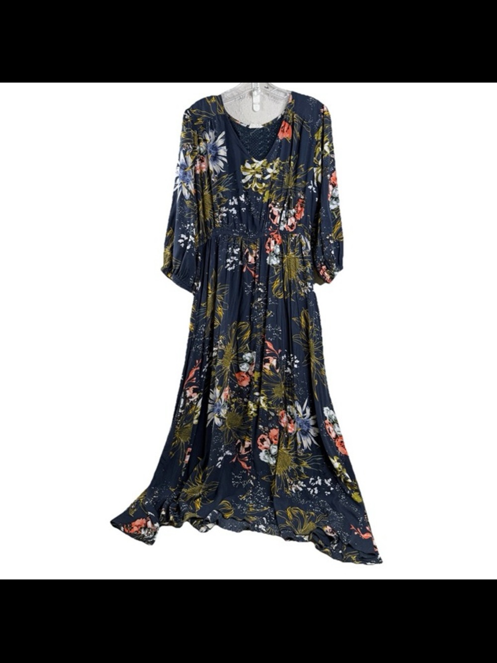 World Market Navy Floral Maxi Dress with Green and Coral Accents